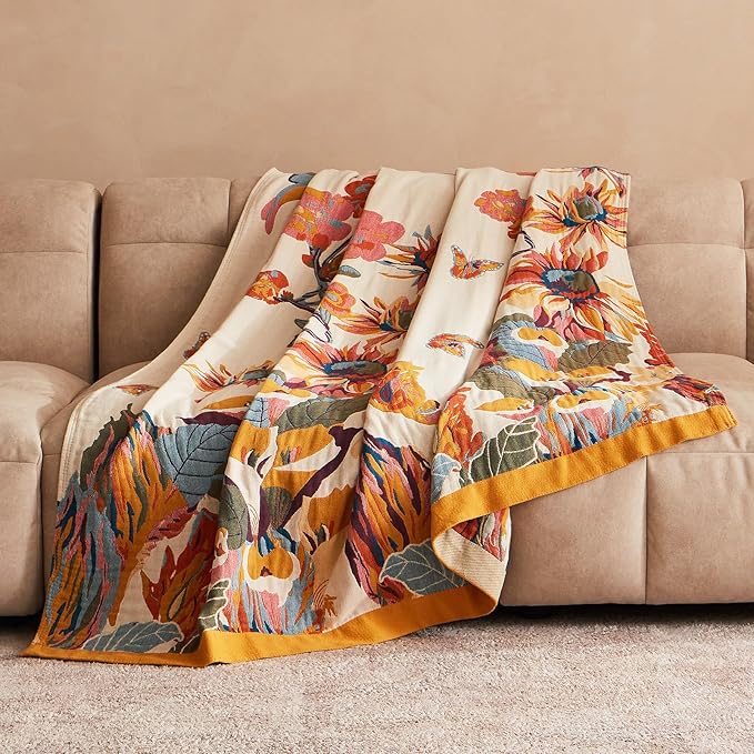 Boho Throw Blanket 100% Cotton Ultra Soft Bed Throw Large Fall Blanket Floral Bird and Butterfly Farmhouse Decor Bed Blankets,60"×80" All Season Blankets for Sofa Couch Chair
