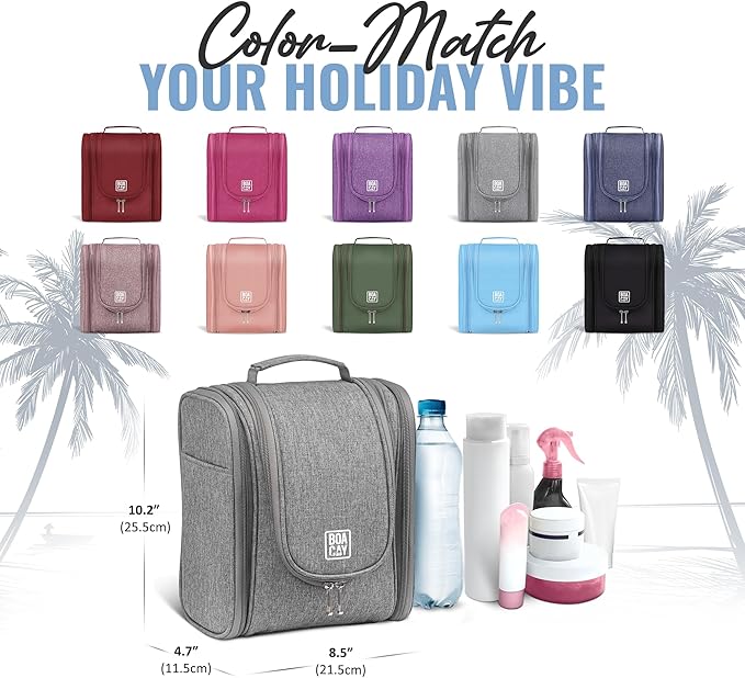 BOACAY Hanging Travel Toiletry Bag for Women and Men, Makeup Bag, Bathroom & Shower Organizer Kit for Accessories, Cosmetics, Travel Essentials