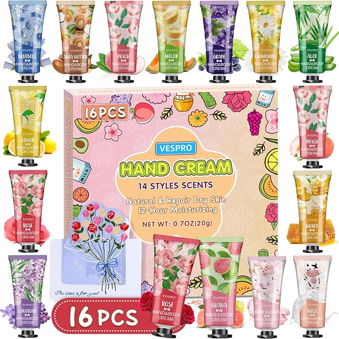 VESPRO 16 Pack Hand Cream Gifts Set, Birthday Gifts, Bridesmaid Gifts, Bulk Hand Lotion Travel Size for Dry Cracked Hands, Mini Hand Lotion for Thank You Gift and Mom Gifts with a Greeting Card