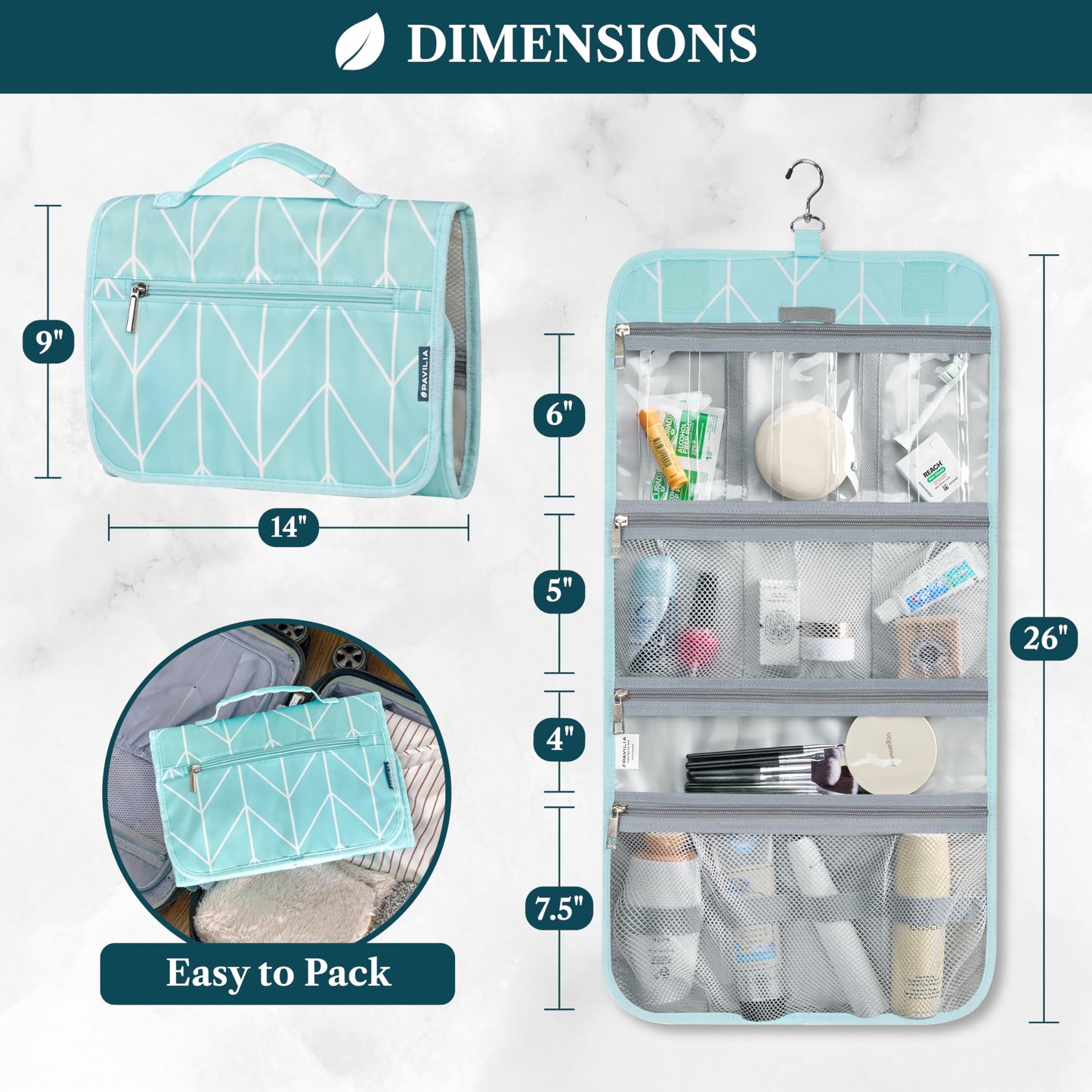 PAVILIA Hanging Toiletry Bag Women Men, Travel Kit Foldable Large Toiletries Organizer, Roll up Cosmetics Makeup Bag Accessories, Waterproof Essentials Jewelry Case (Teal Chevron)
