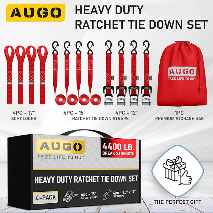 AUGO Heavy Duty Ratchet Straps & Soft Loops – Pack of 4 Extra Strong 1.5” by 15’ Ratchet Straps w/S-Hook Safety Latches & 4 Soft Loop Tie Downs – 4400Lb Break Strength for Motorcycles, ATVs, Etc.