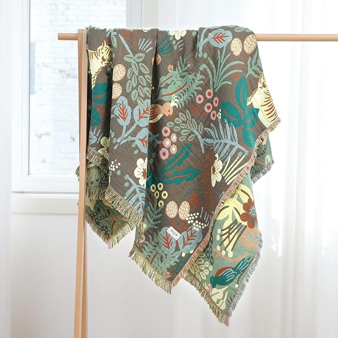 Boho Throw Blanket for Bed 100% Cotton Ultra Soft Rustic Quilt Fall Blanket Forest Tiger Printed Farmhouse Decor Bed Blankets,60"×80" All Season Rustic Throw for Sofa Couch Chair