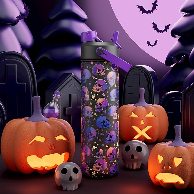 26 oz Halloween Insulated Water Bottle with 2-in-1 Straw and Spout Lid, Keep Cold 24H, Leak-Proof, Fits in Car Cup Holder, Stainless Steel Water Bottle for Gift, Trip, Holiday, Sports (Skull Realm)