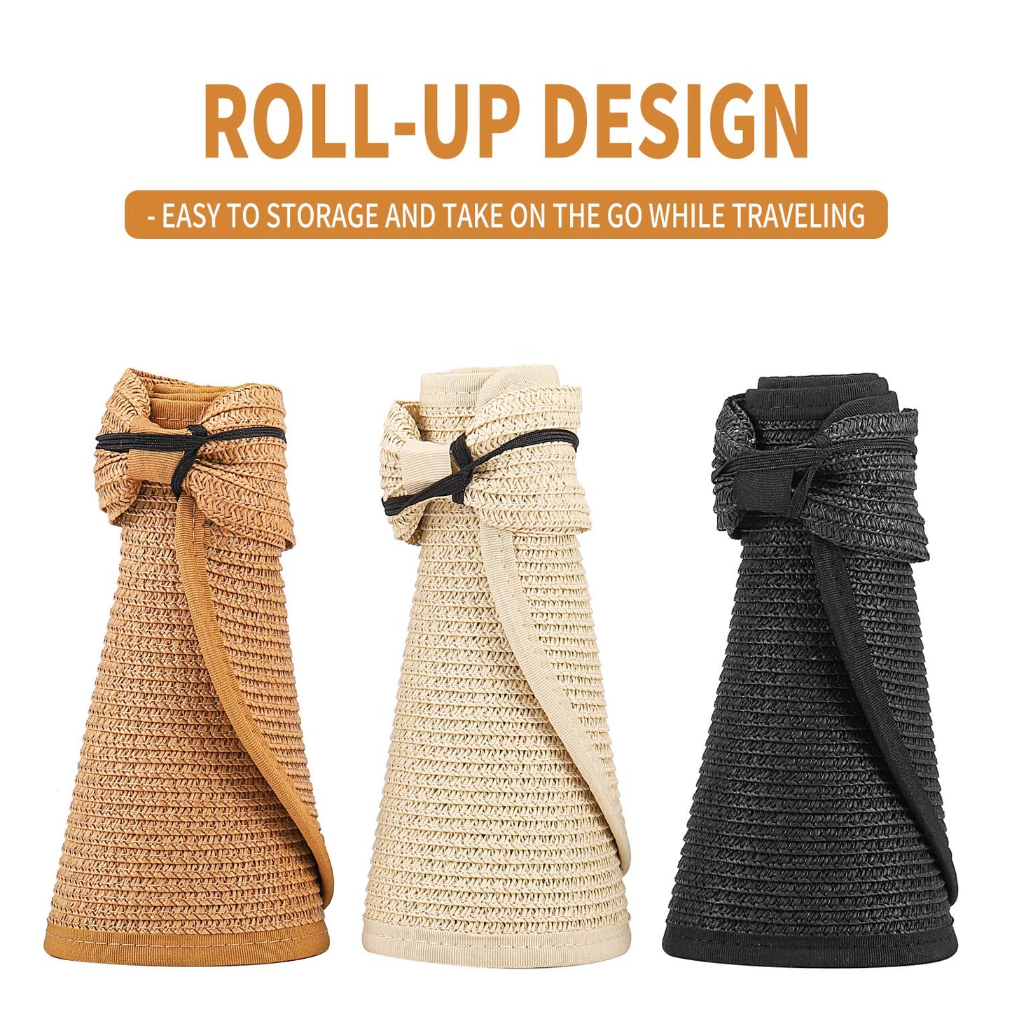 MEINICY 3PCS Foldable Straw Sun Visor Hats for Women, Wide Brim Ponytail Summer Beach Hat, Protect Your Skin Easily, Nature & Black & Beige