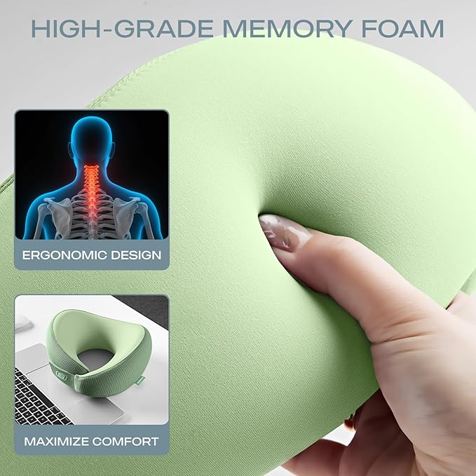 Skechers Memory Foam Neck Pillow, Comfortable & Breathable Travel Pillow,Neck Pillow Airplane for Travel, Car Rides, Home, and Office Use, Ergonomic Design for Men and Women,Green