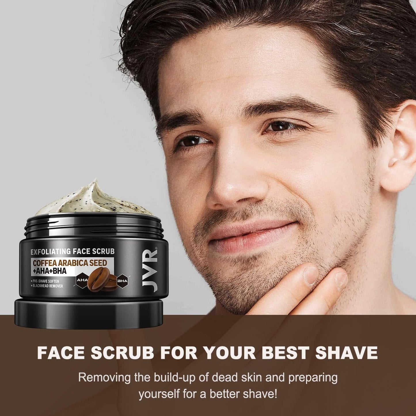JVR Face Scrub for Men, Facial Scrub for Deep Exfoliating, Cleansing, Removing Blackheads, Ingrown Hair, Pre-shave Soften, Organic Formulated with Coffee Extract, AHA and BHA Face Exfoliator (4.23 oz)