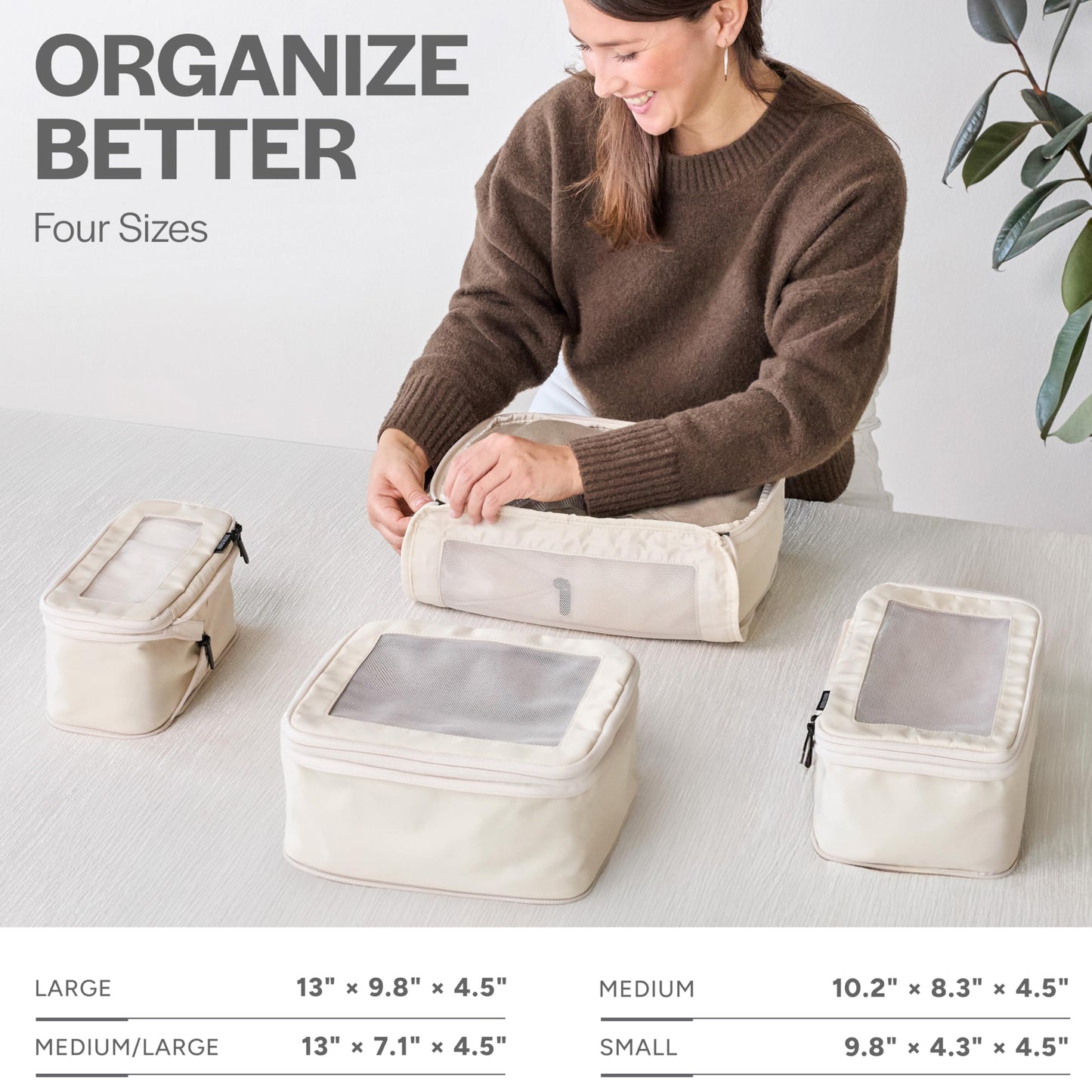 Aerotrunk Compression Packing Cubes for Travel - Luggage Organizer Bags - Double Zipper Packing Cubes for Suitcases (4-Pack, Beige)