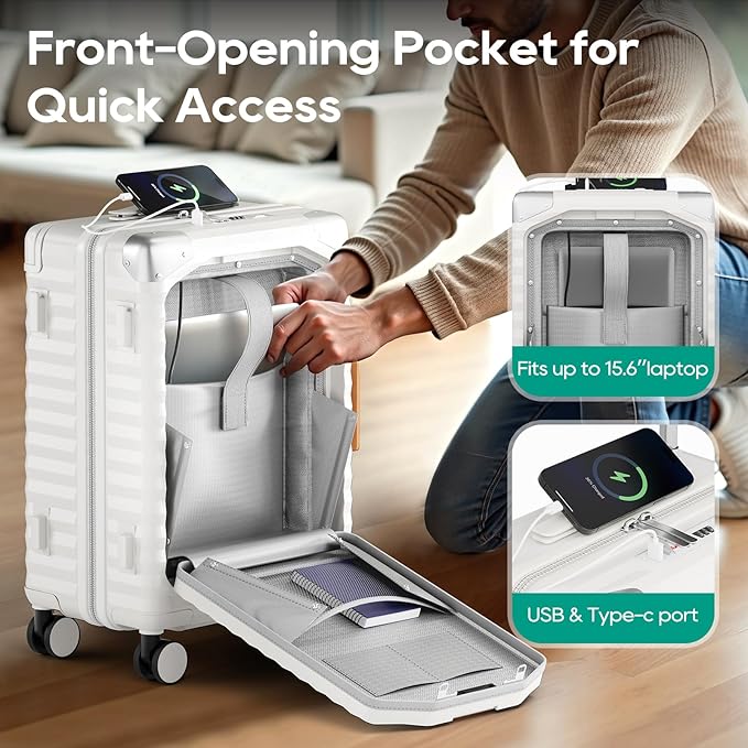 Joyway 20 Inch Carry on Luggage with Front Pocket, PC Hardshell Carry-on Suitcase with USB Port and Cup Holder, 21.5x14.2x9 Airline Approved, Luggage with Spinner Wheels and TSA Lock (White)