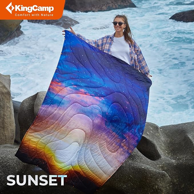 KingCamp Ultralight Camping Blanket, Packable Down Alternative Puffy Printed Wearable Blanket with Snap Buttons & Corner Loops Weatherproof Quilt for Outdoor Travel Stadium (79" L x 57" W, Sunrise)