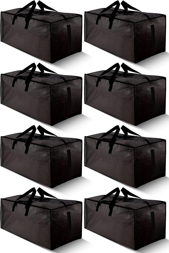 8 Pack Large Strong Bags with Zippers & Carrying Handles - Water-Resistant - Heavy Duty Storage Tote for Space Saving, Fold Flat, Alternative to Moving Box (Black)
