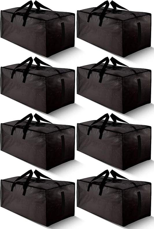 8 Pack Large Strong Bags with Zippers & Carrying Handles - Water-Resistant - Heavy Duty Storage Tote for Space Saving, Fold Flat, Alternative to Moving Box (Black)