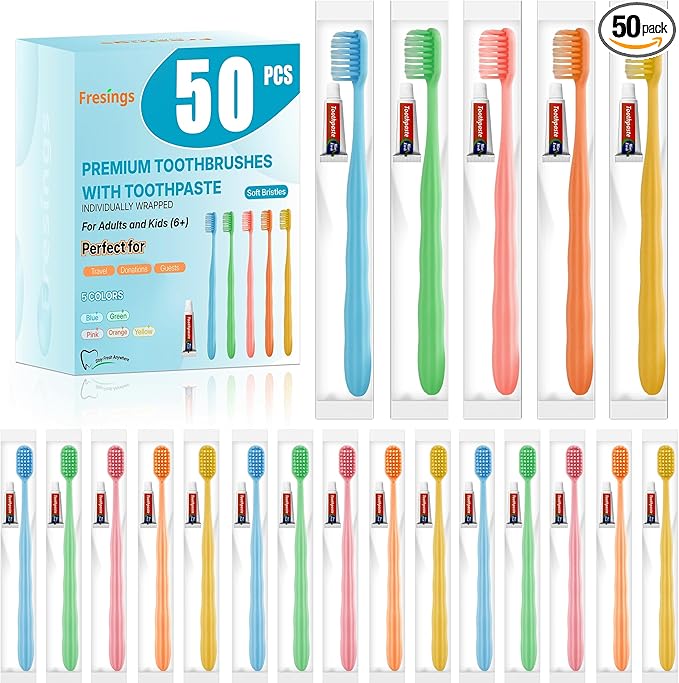 50 Pack Disposable Toothbrushes with Toothpaste, Individually Wrapped Soft Bristle Travel Toothbrush Bulk, Hotel Guest Amenities, Mint 3g Toothpaste Set for Camping, Donation & Oral Care Kit