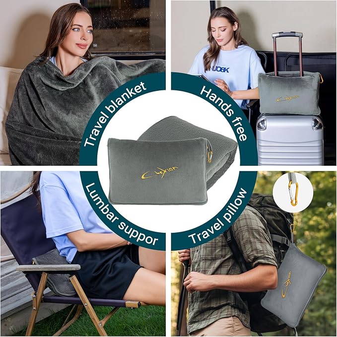 Travel Blanket & Pillow Set, 300 GSM Soft Fleece, 60x43 Inches, 3-in-1 Airplane Blanket, Travel Pillow and Blanket Set, Travel Blanket Airplane Compact with Bag, Travel Essentials, Grey