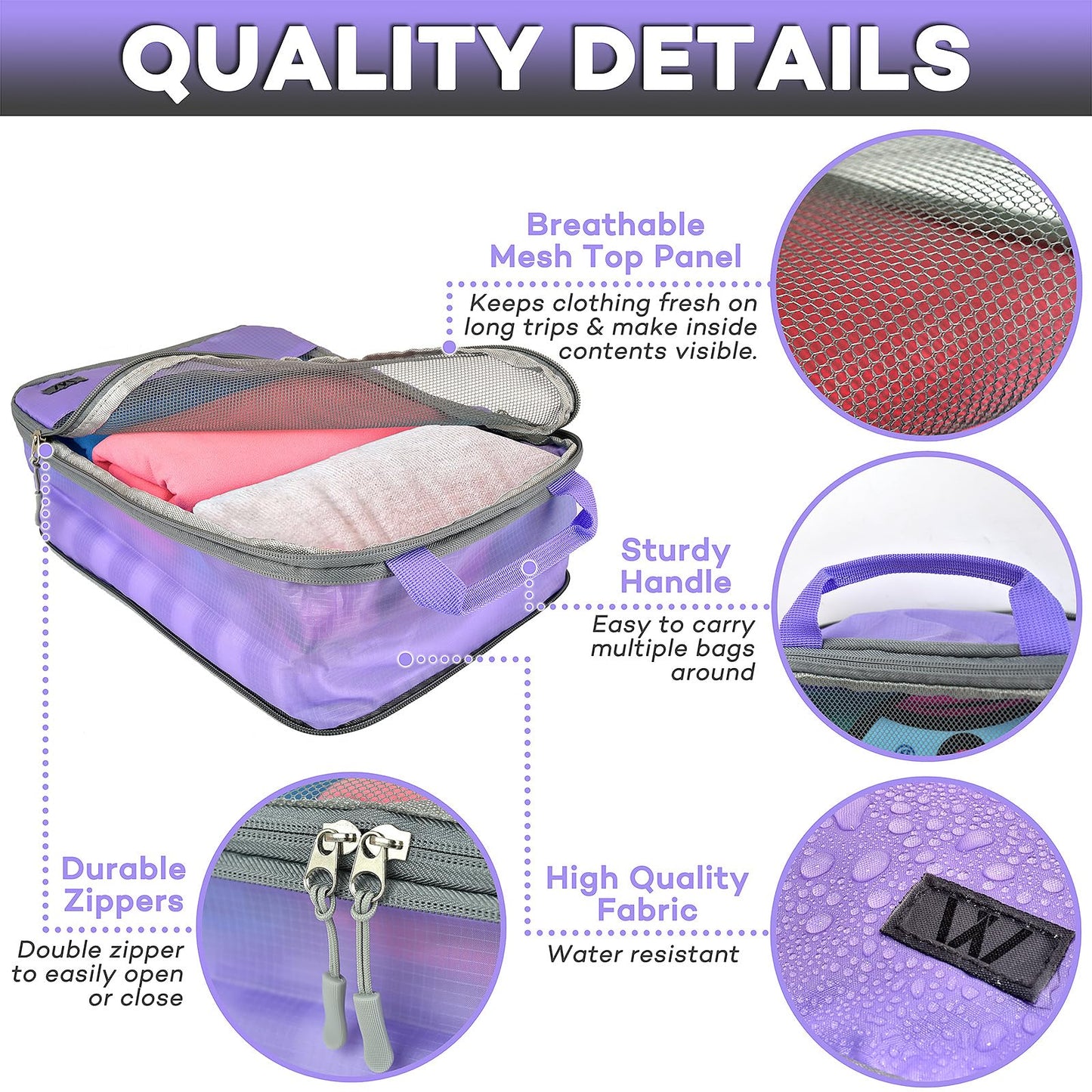 12 Pc Set Compression Packing Cubes - WONGLE His and Hers Family Travel Organizer Compressible Packing Cubes for Suitcases, Luggage Organizer Bags, Travel Accessories, Shoe Bag (Purple/Grey)