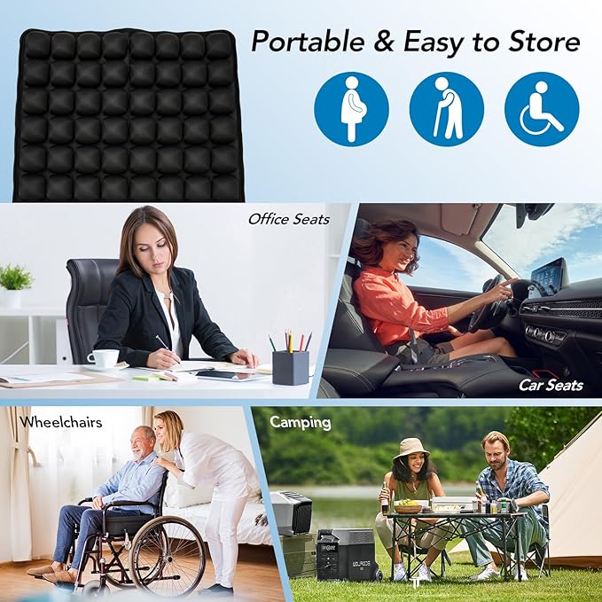 Air Inflatable Travel Seat Cushion, Portable Breathable Comfort Cushion, 56 Air Bubble Design for Airplane, Car, Office Chairs & Home Living – Lightweight & Ergonomic Support,18” x 16” (Black)