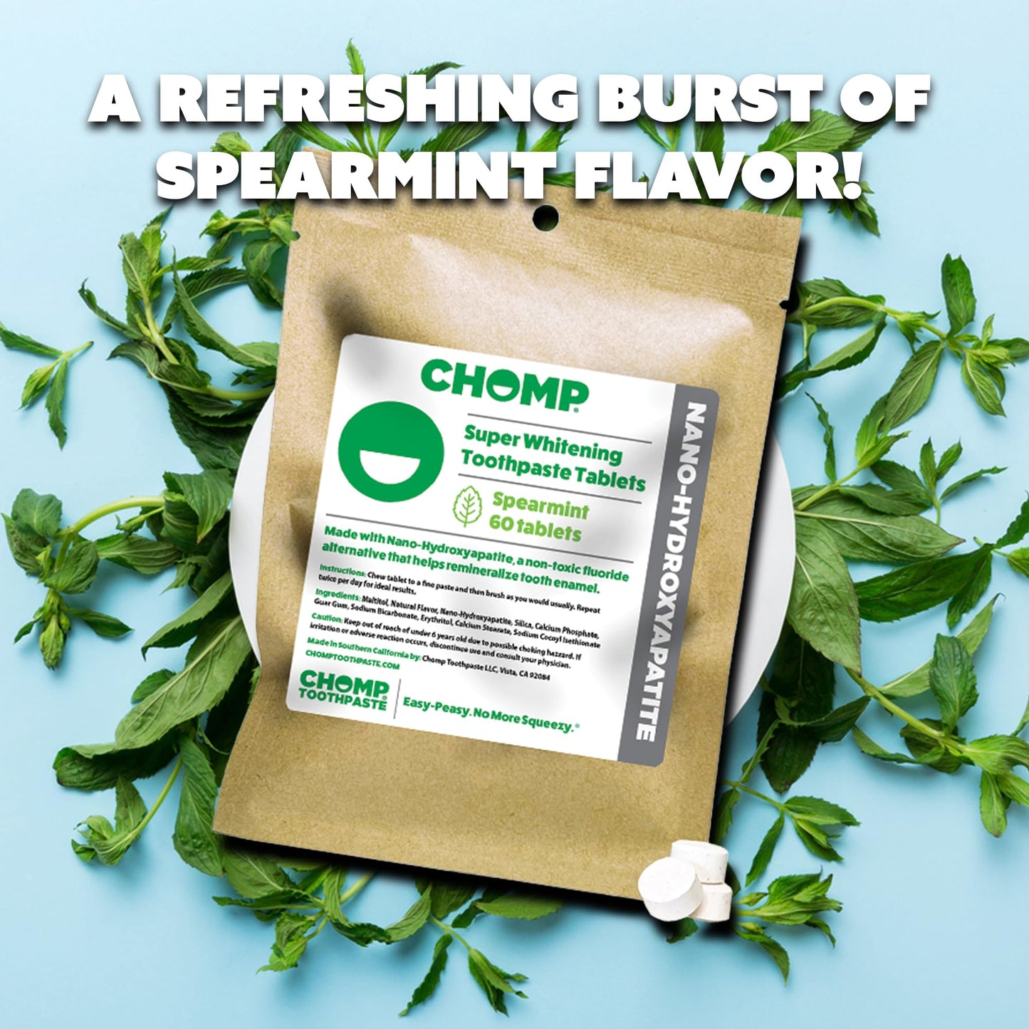 Chomp Super Whitening Spearmint Toothpaste Tablets with Nano Hydroxyapatite Refill