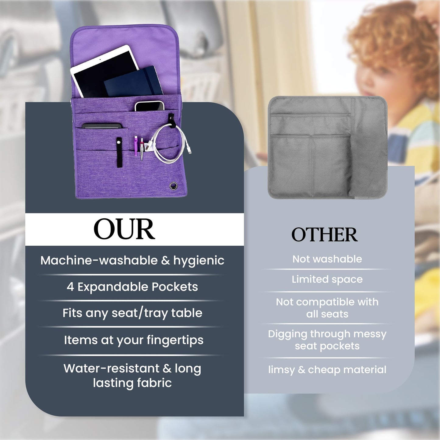 SO~MINE Airplane Pocket Organizer | Tray Table Cover | In Flight Seat Back Organizer Bag | Commuter Essential Travel Bag | Media Pouch For Flying | Travel Gift | Attaches To Luggage (Purple)