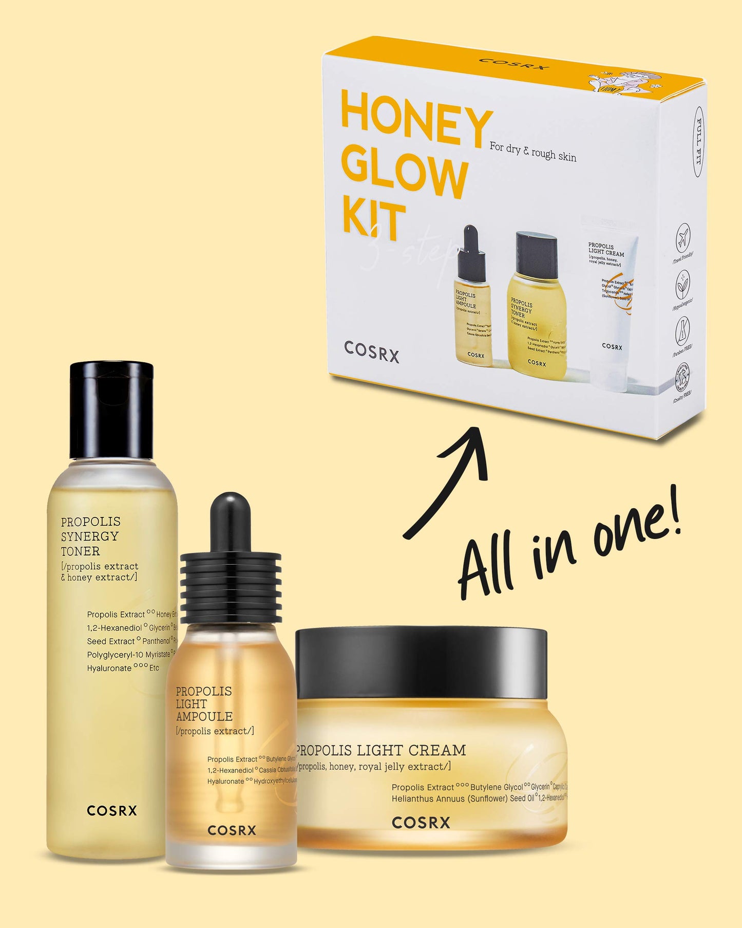 COSRX Honey Glow Kit, Korean Skin Care Set with Propolis Facial Toner, Serum, & Cream, Mini Travel Essentials, Deep Moisture, Hydration, Nourishment, Travel Size Gift Set, Korean Skin Care