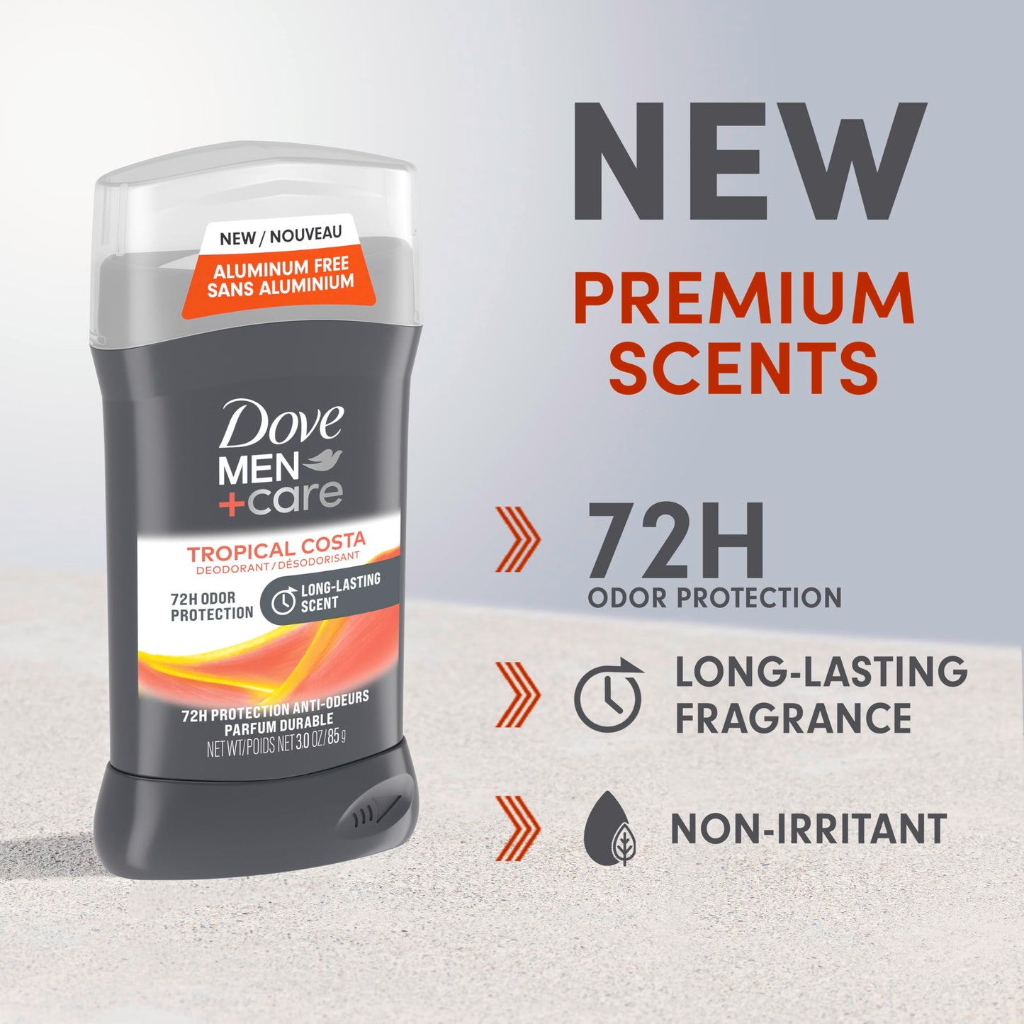 Dove Men+Care Aluminum-Free Deodorant Tropical Costa 4 Count for a Long-Lasting Scent, with 72H Odor Protection, 3.0 oz