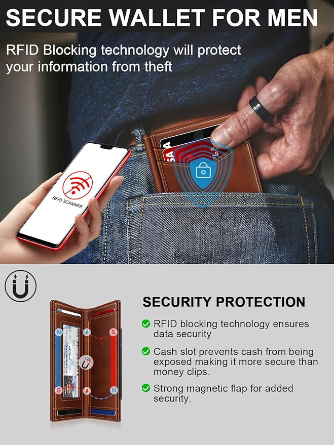 Wallet for Men Slim Leather Wallets for 9-13 Cards, RFID Blocking Thin Card Holder Wallet with ID Window & Stretchable Cash Slot, Minimalist Bifold Small Wallet for Front Pocket, Birthday Gift for Men