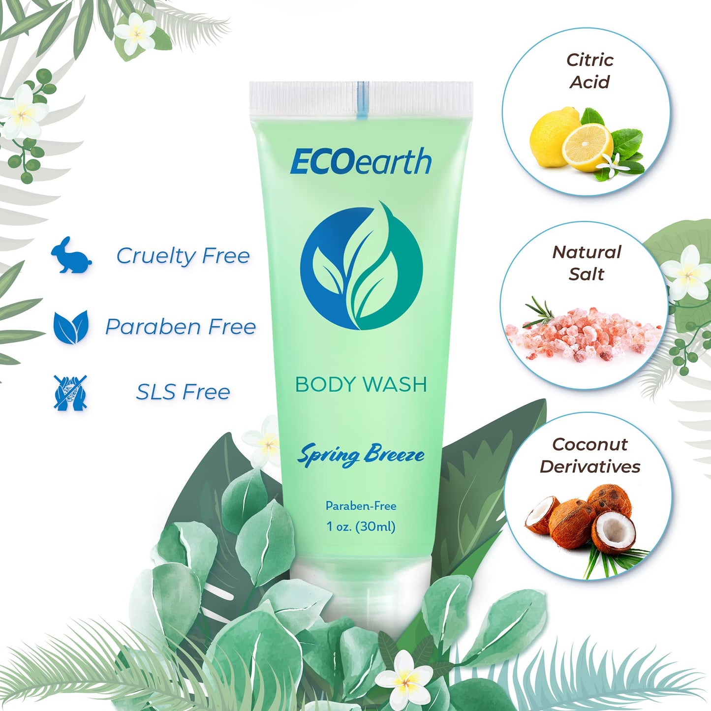 EcoEarth Hotel Toiletries Bundle (Spring Breeze, 1 oz Each, 125 Pieces) 5-Piece Set: 25 Each Round Bar Soap, Shampoo, Conditioner, Body Lotion & Body Wash - Bulk Mini Guest Amenities