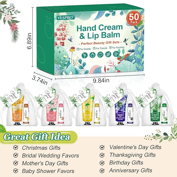 50 Sets Hand Cream Bulk and Lip Balm Bulk Gifts, Bridal Shower Favors, Bridesmaid Gifts and Baby Shower Party Favors for Guests with Thank Card Organza Bags, Thank You Gifts and Small Gifts for Women