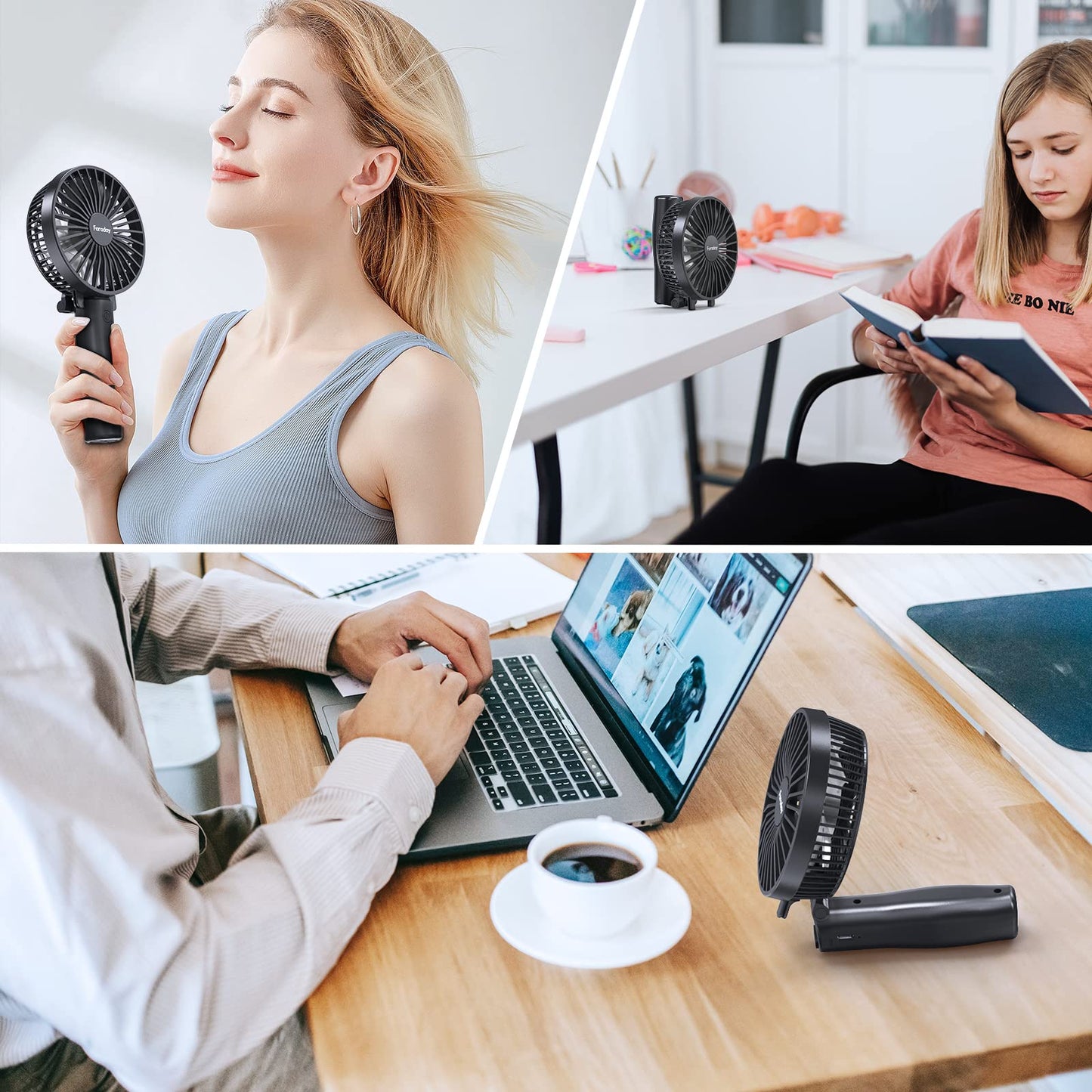 FARADAY Personal Hand Held Fan 4800mAh Travel Cooling Fan Powerful Small Portable Fans Rechargeable Battery Operated Desktop Table Fan for Traveling Hiking, 3 Speed, 6-21 Hours,Black