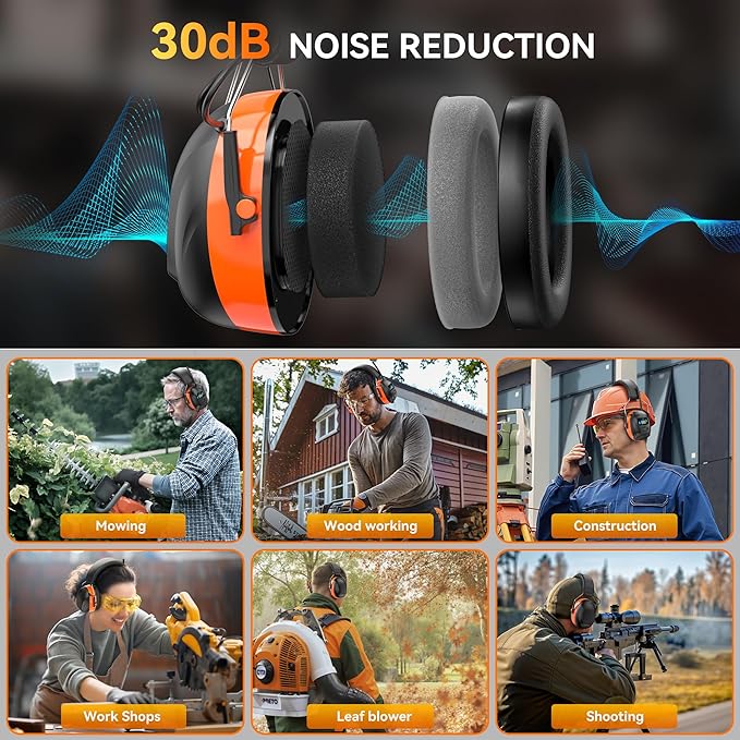 2025 AM/FM Radio Ear Protection Headphones with Backlit Digital Display, 120H Working Time, Rechargeable Hearing Protector, 30dB Noise Reduction Safety Earmuffs for Mowing, Construction, Work, Orange