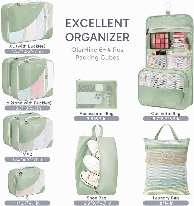 ALL INCLUDED 10 Set Durable Packing Cubes for Suitcases,OlarHike Essentials for Travel,UPGRADED Anti-Tear Stitching, NEW Improved Luggage Packing Organizers for Travel Accessories, Matcha Green