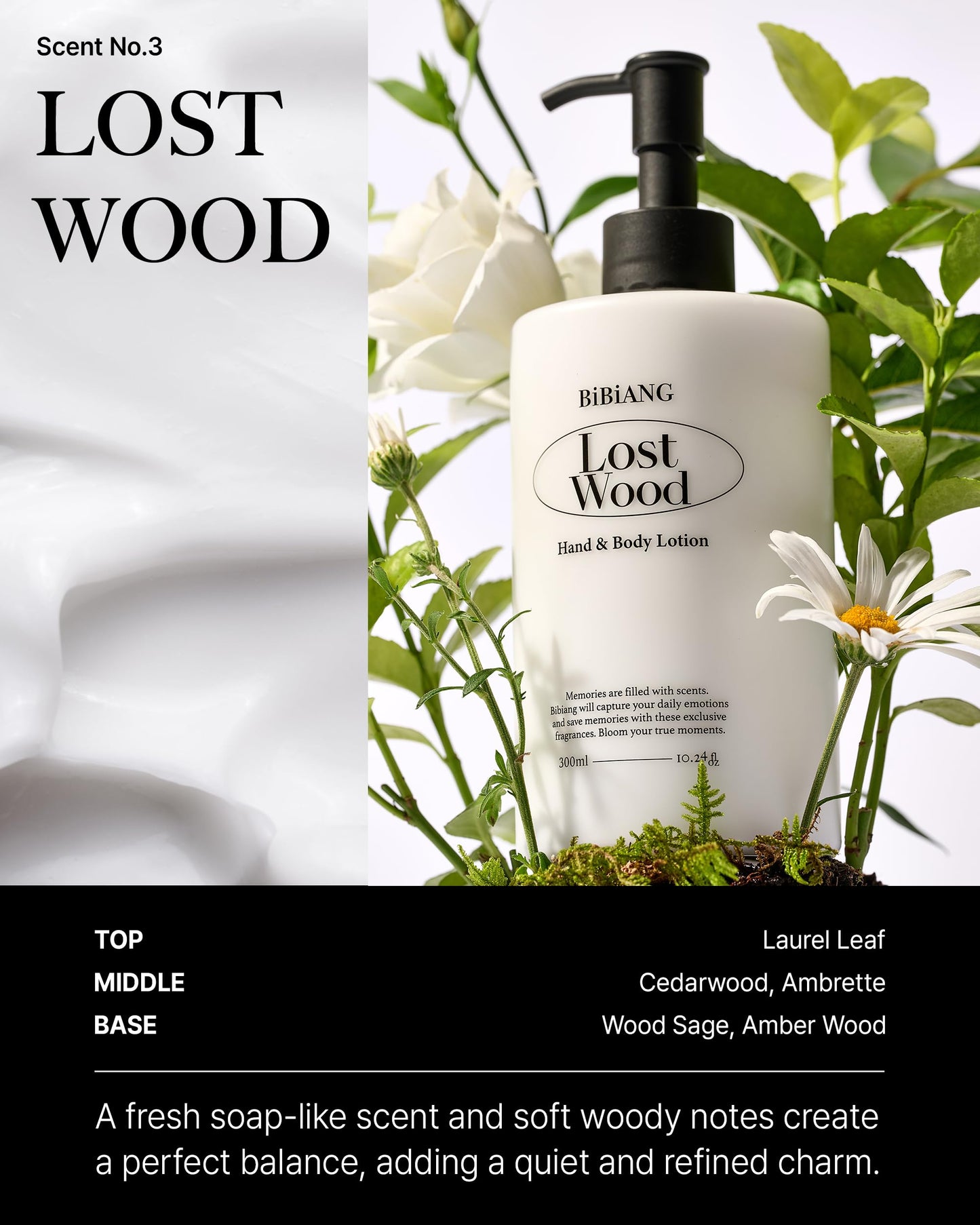 BiBiANG Lost Wood Body Lotion - Korean Body Care for Moisturizing & Nourishment - Hydrating Body Care Formula with Woody Soap Scent, Shea Butter & Jojoba Oil - 10.82 fl.oz