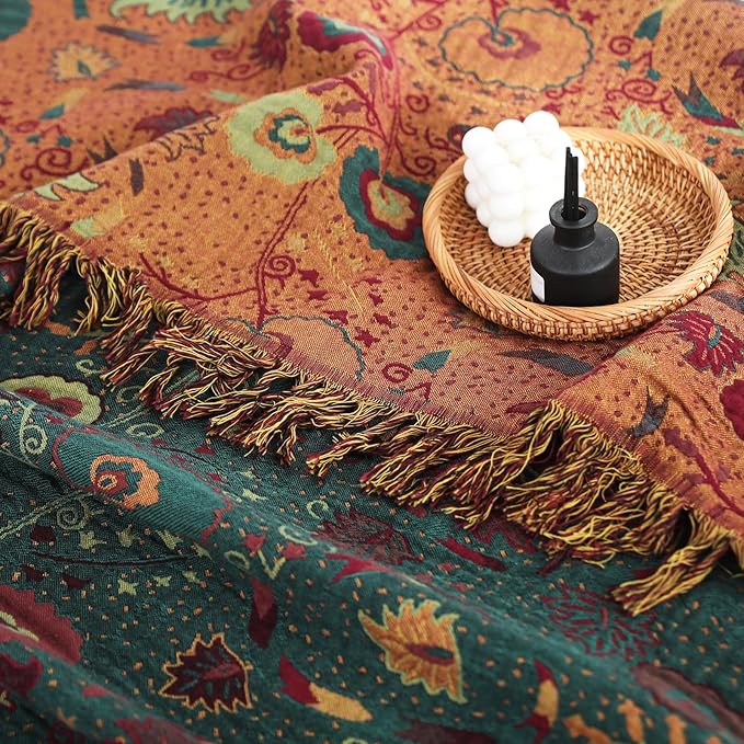 Boho Throw Blanket for Bed 100% Cotton Ultra Soft Rustic Quilt Farmhouse Decor Bed Fall Blanket,All Season Rustic Throw for Sofa Couch Chair (Flower-Dark Green, 90"×98")