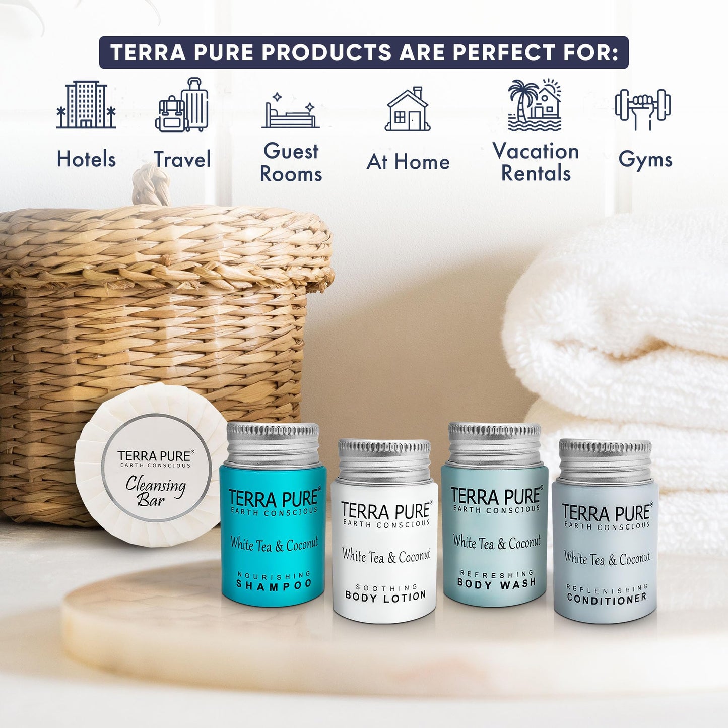Terra Pure White Tea & Coconut Toiletries Set | 1-Shoppe Amenities Kit | 1oz Liquids, 1.25oz Bar Soap | Hotels, Airbnb & Rentals | 75 Pieces