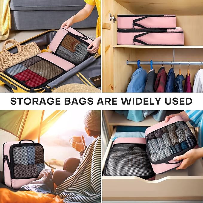 4 PCS Set Compression Packing Cubes for Travel, Lightweight Packaging Organizer Bags for Carry On Space Saving, Travel Essentials Cubes for Suitcase Backpack, Pink