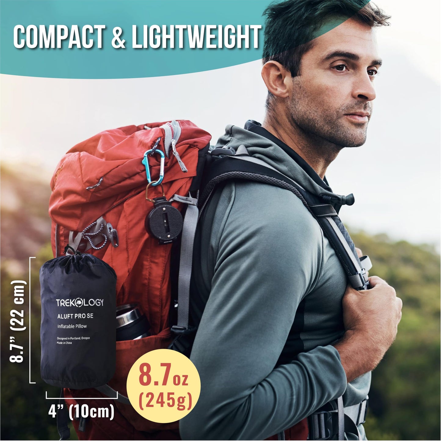 TREKOLOGY Premium Inflatable Camping Pillow with Removable Foam-Padded Case – Noise-Reducing, Ergonomic Design for Outdoor, Backpacking, and Air Travel ALUFT Pro (Blue)