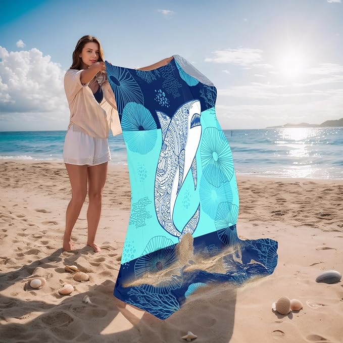 Beach Blanket Waterproof Sandproof, Shark Oversized Extra Large Picnic Mat 83"×95"/8 × 7 FT for 1-7 Adults for Travel Camping Hiking, Quick Drying Lightweight Beach Vacation Essentials