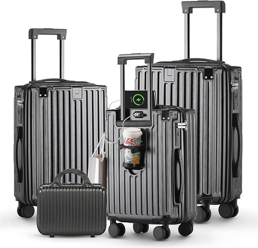 20 Inch Carry On Luggage With Cup Holder & USB Port, Airline Approved TSA-locked Luggage, Lightweight PC Material Travel Suitcase With 360° Spinner Wheel (14-20-24-28in Black, 14-20-24-28in)