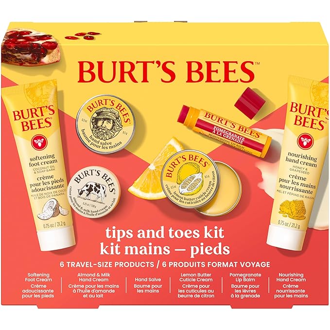 Burt's Bees Gifts Ideas, Tips and Toes Kit, 6 Travel Size Products - Pomegranate Moisturizing Lip Balm, 2 Hand Creams, Foot Cream, Cuticle Cream, and Hand Salve