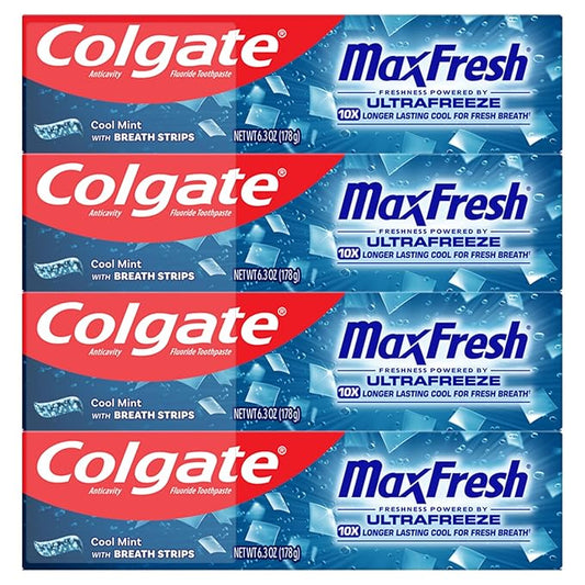 Colgate MaxFresh Cool Mint Toothpaste Pack, Fresh Breath Toothpaste with Fluoride and Hundreds of Mini Breath Strips, Leaves Mouth Feeling Refreshed for Hours, 4 Pack, 6.3 oz