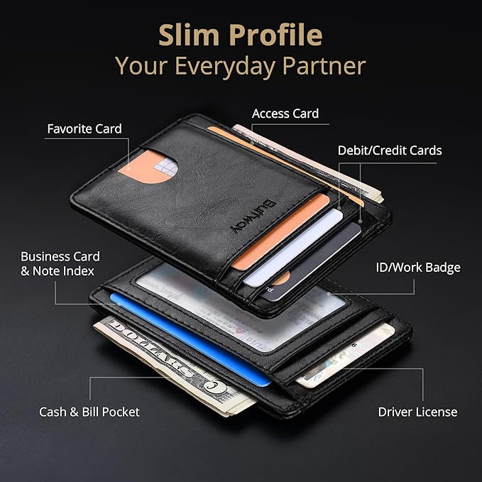Buffway Slim Minimalist Front Pocket RFID Blocking Leather Wallets for Men and Women - Alaska Black