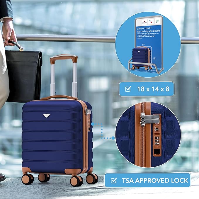 Carry On Suitcase Hardside Built In TSA Lock & USB Port Silent Double Spinner Wheels Maximum Underseat Carry-On Bag For American & United Approved Airlines( 18x14x8" ,Navy/Tan )