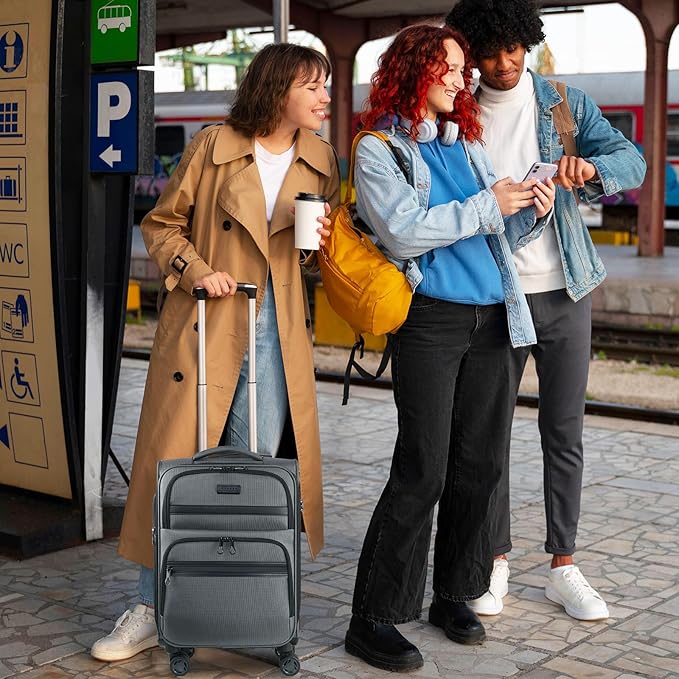 KROSER Softside Expandable Carry On Luggage with Spinner Wheels & Built-in TSA Lock, Durable Suitcase Rolling Luggage with USB Port, Carry-On 20-Inch, Grey