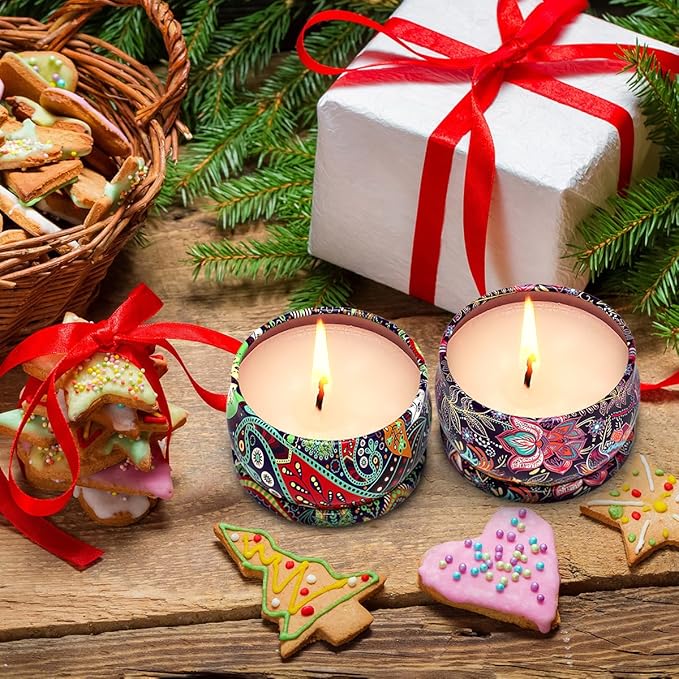 Scented Candles Gift Set for Christmas Thanksgiving, 3 Packs Natural Soy Wax Portable Travel Tin Candle, Bohemia Aromatherapy Gift Basket for Friends Classmates Colleagues
