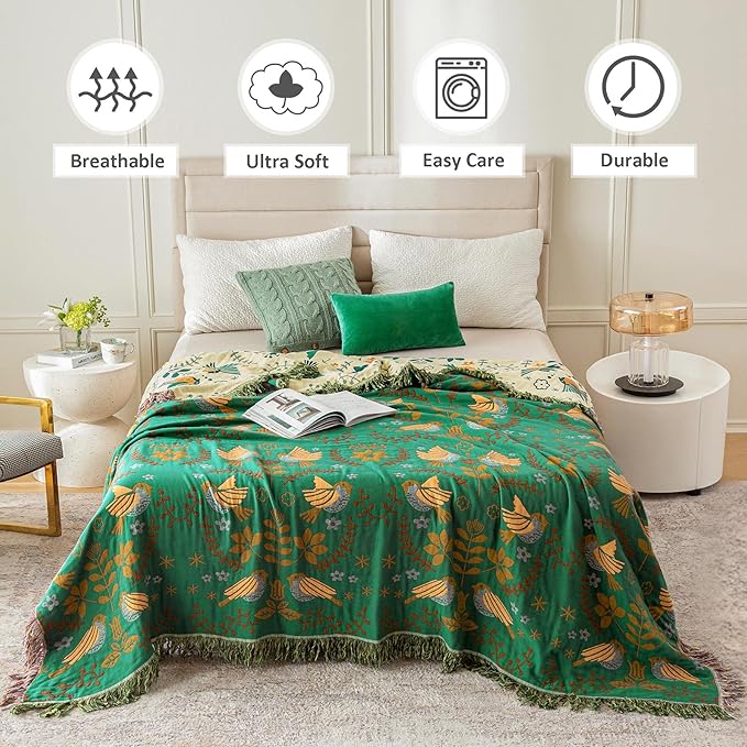 Boho Throw Blanket for Bed 100% Cotton Ultra Soft Rustic Quilt Fall Blanket Bird Floral Printed Farmhouse Decor Bed Blankets,80"×90" All Season Rustic Throw for Sofa Couch Chair