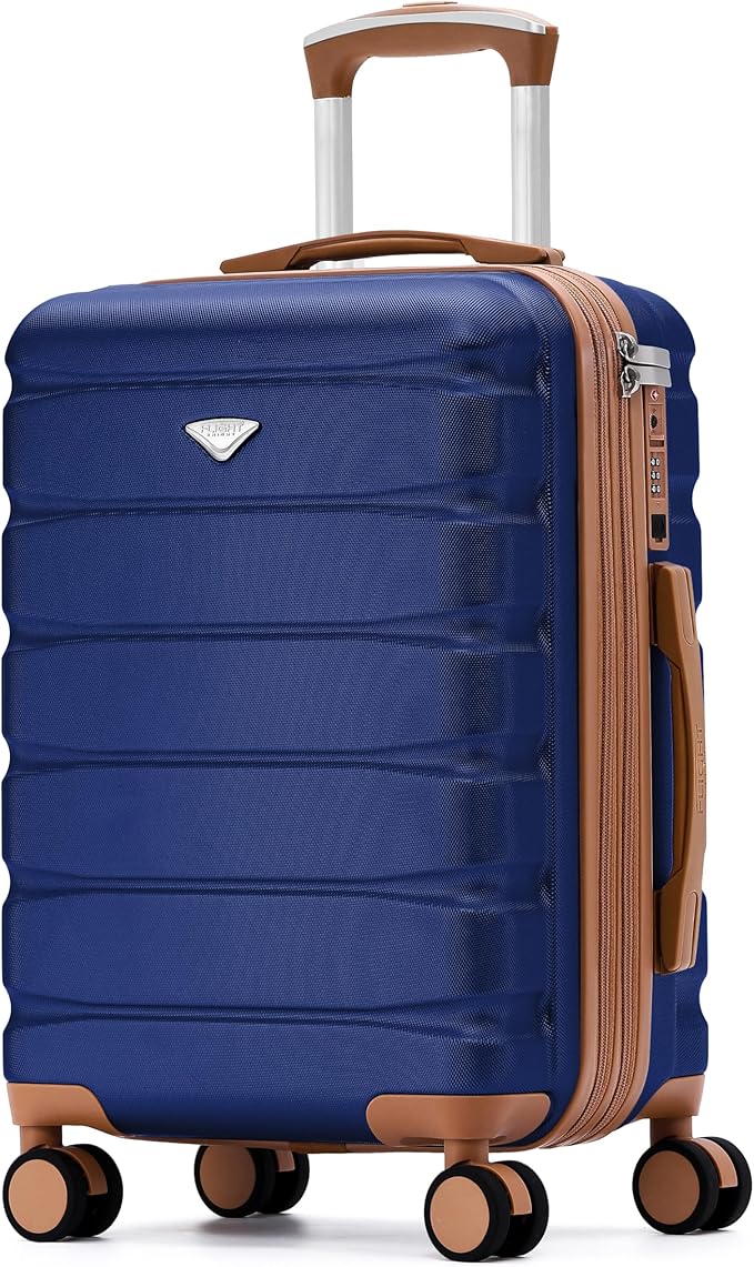 Carry On Suitcase Hardside Built In TSA Lock & USB Port Silent Double Spinner Wheels Maximum Overhead Carry-On Bag For American & United Approved Airlines( 22x14x9" ,Navy/Tan )