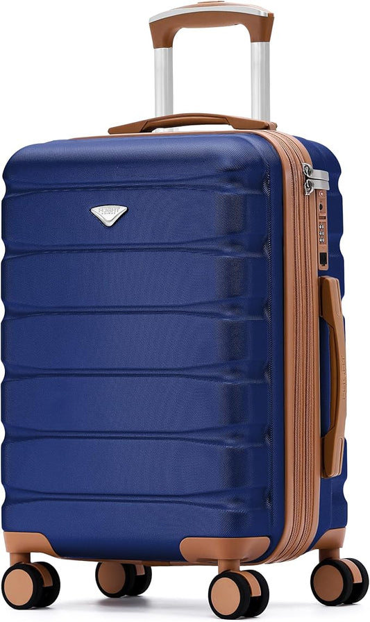 Carry On Suitcase Hardside Built In TSA Lock & USB Port Silent Double Spinner Wheels Maximum Overhead Carry-On Bag For American & United Approved Airlines( 22x14x9" ,Navy/Tan )