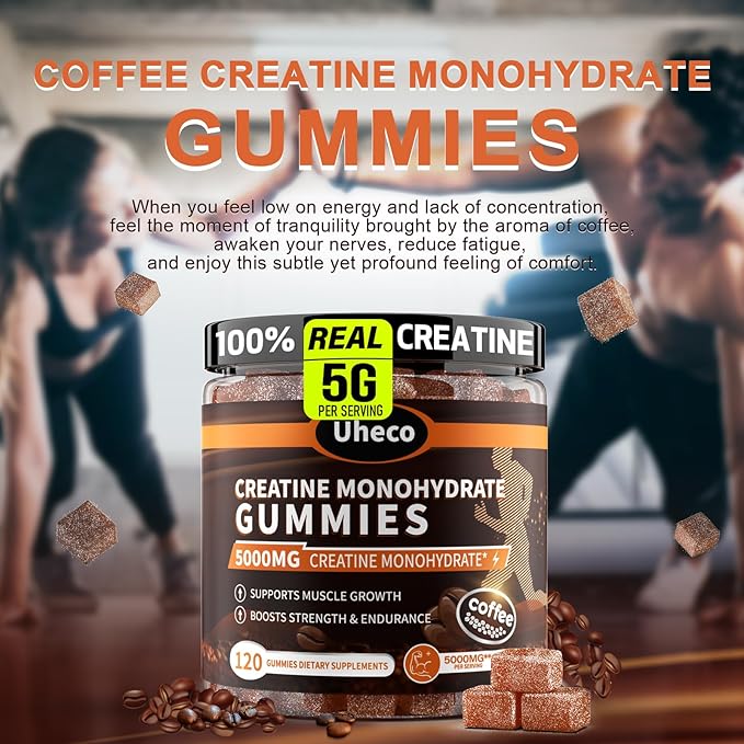 Coffee Flavor Creatine Monohydrate Gummies for Men & Women,Contains L-Taurine + Vitamin B12, Betaine, L-Citrulline for Improve Exercise Endurance, Muscle Strength -120 Count