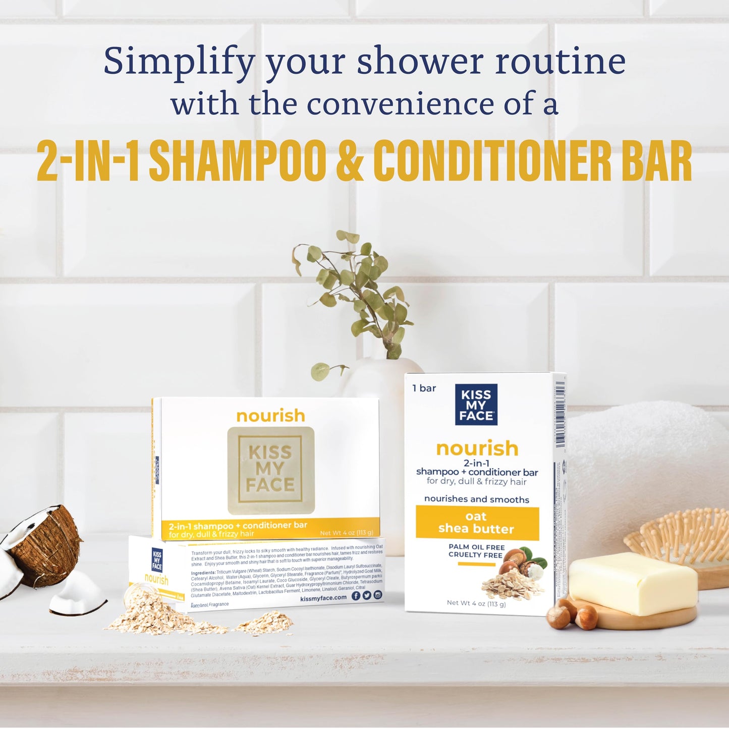 Kiss My Face Nourish 2-in-1 Shampoo and Conditioner Bar, With Oat and Shea Butter, Nourishes and Smooths, For Dry, Dull and Frizzy Hair, Cruelty Free and Palm Oil Free, Pack of 3