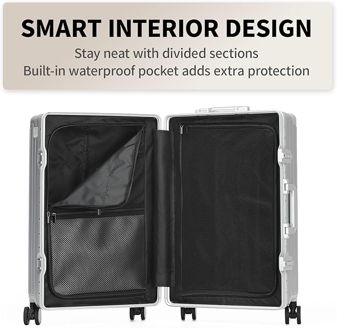 24 Inch Zipperless Checked Travel Luggage with Spinner Wheels,ABS+PC Hard Shell Suitcase with TSA Approved USB Port,Cup & Phone Holder for Women Men,Silver