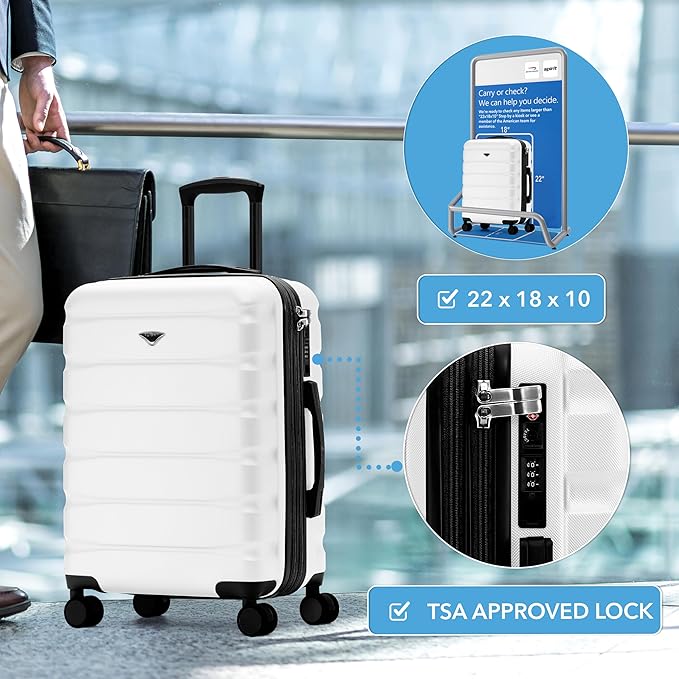 Carry On Suitcase Hardside TSA Lock & USB Port Silent Double Spinner Wheels Maximum Overhead Carry-On Bag Approved For Many Airlines( 22x18x10" ,White )