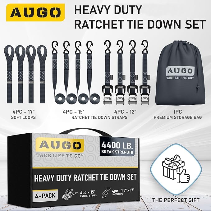 AUGO Heavy Duty Ratchet Straps & Soft Loops – Pack of 4 Extra Strong 1.5” by 15’ Ratchet Straps w/S-Hook Safety Latches & 4 Soft Loop Tie Downs – 4400Lb Break Strength for Motorcycles, ATVs, Etc.